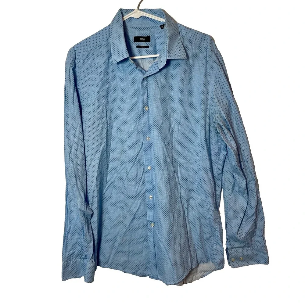 Hugo BOSS Long Sleeve Button Up Dress Shirt Mens 44 Blue Slim Fit Polka Dot